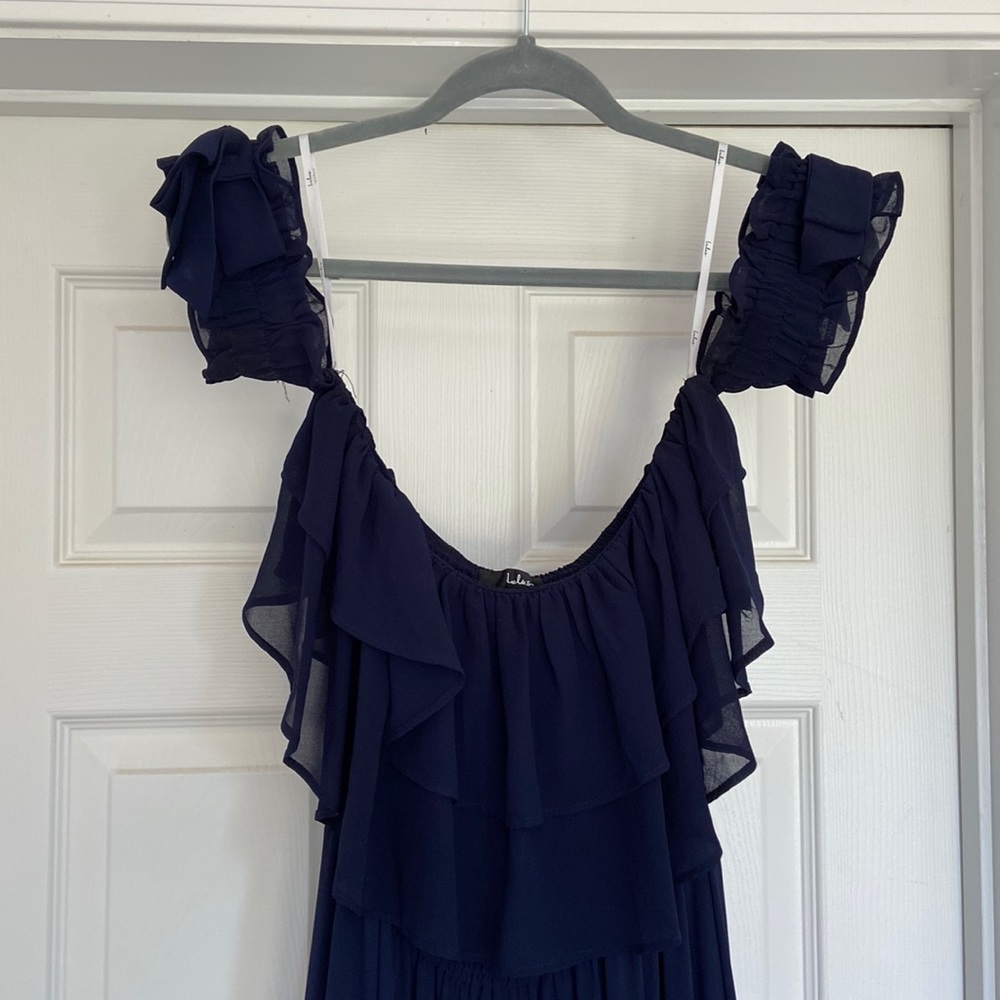 Chance For Us Navy Blue Off-the-Shoulder Ruffled Maxi Dress Lulus